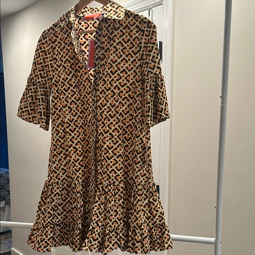 LA DoubleJ Geometric Pattern Dress in Brown and Cream